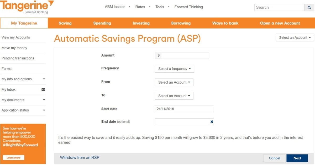 How to set up an Automatic Savings Program with Tangerine Money We Have