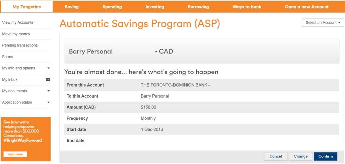 How to set up an Automatic Savings Program with Tangerine Money We Have