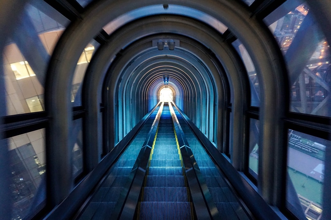 The outdoor escalator of the Umeda sky building takes you to the observation deck