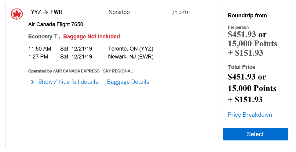 Aeroplan Rewards Redemption Chart