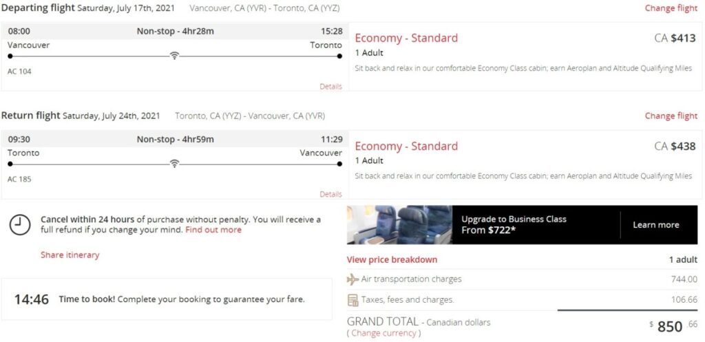 Air Canada Buddy Pass Vancouver to Toronto