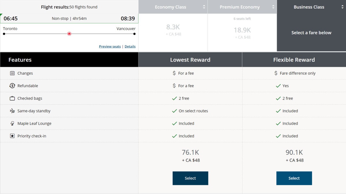 Fare classes on Air Canada business class